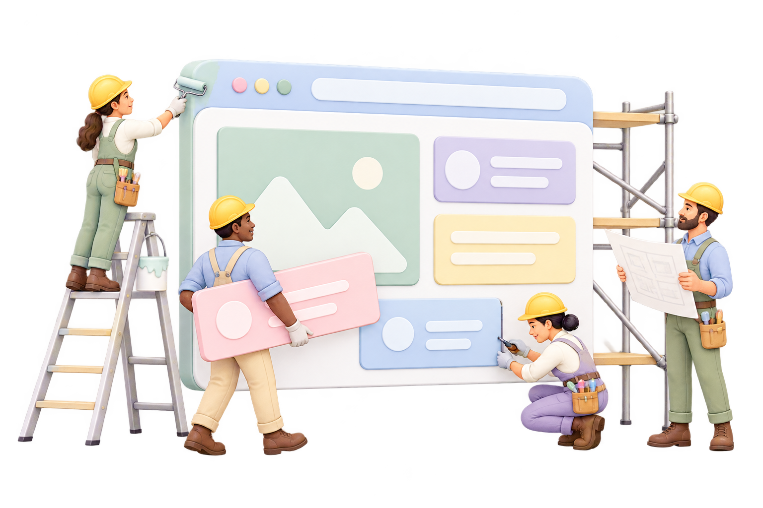 Construction workers collaborating to build our new website